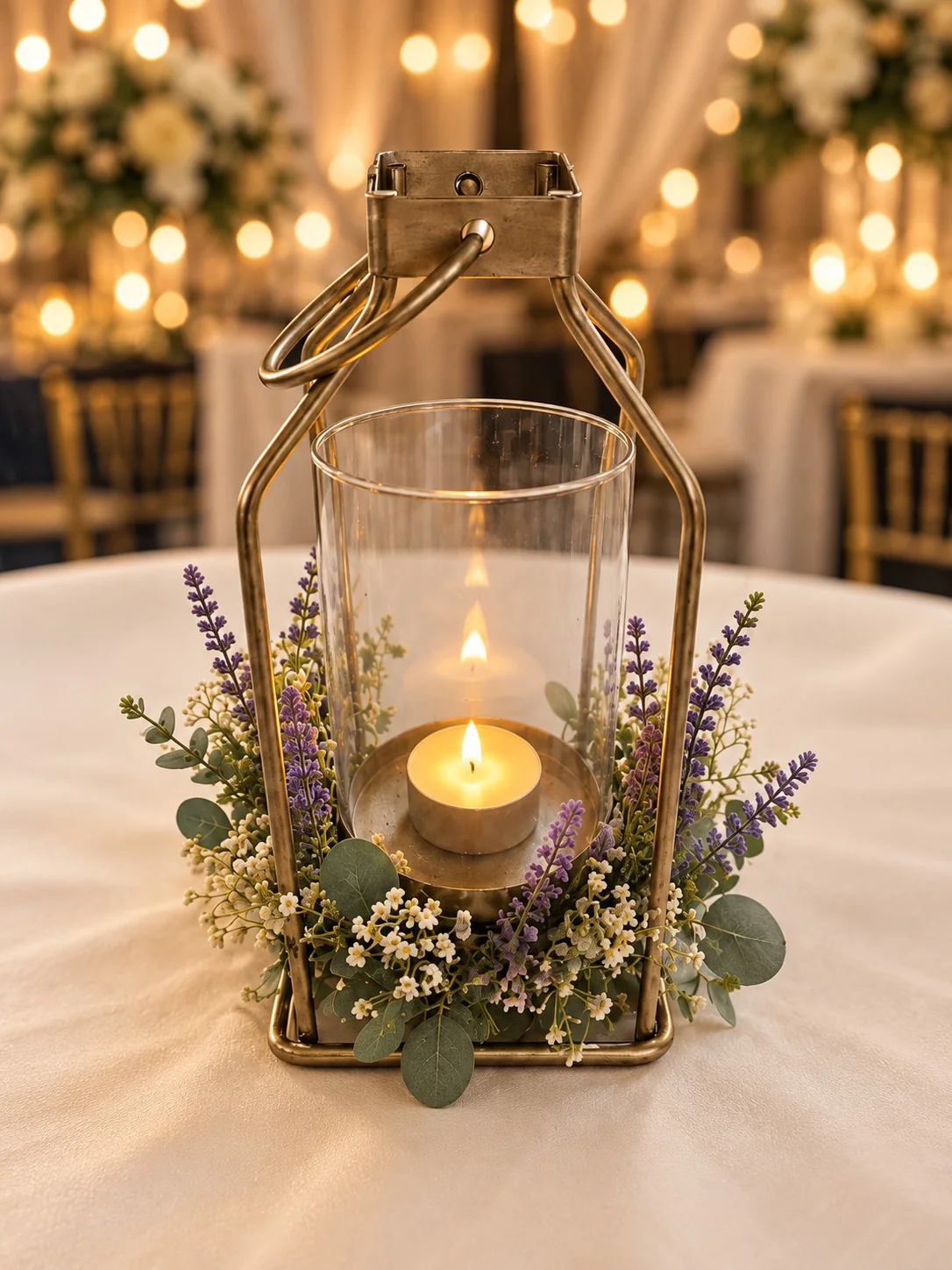 Bronze lantern centerpiece glowing at an evening celebration