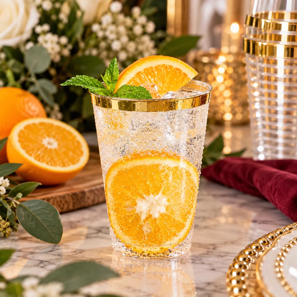 Clear gold-rimmed cup with sparkling orange drink on a holiday table