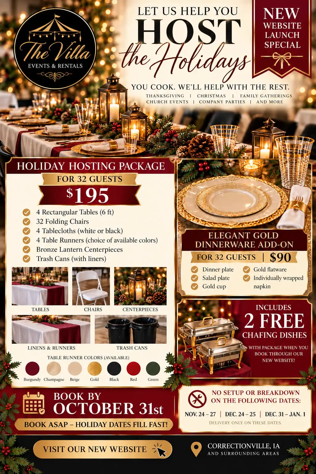 Holiday Hosting promotional flyer: package for 32 guests $195, gold dinnerware add-on $90, 2 free chafing dishes, book by October 31