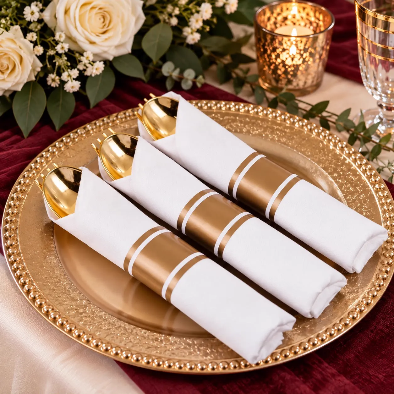Gold flatware rolled in white napkins with gold bands on a gold charger