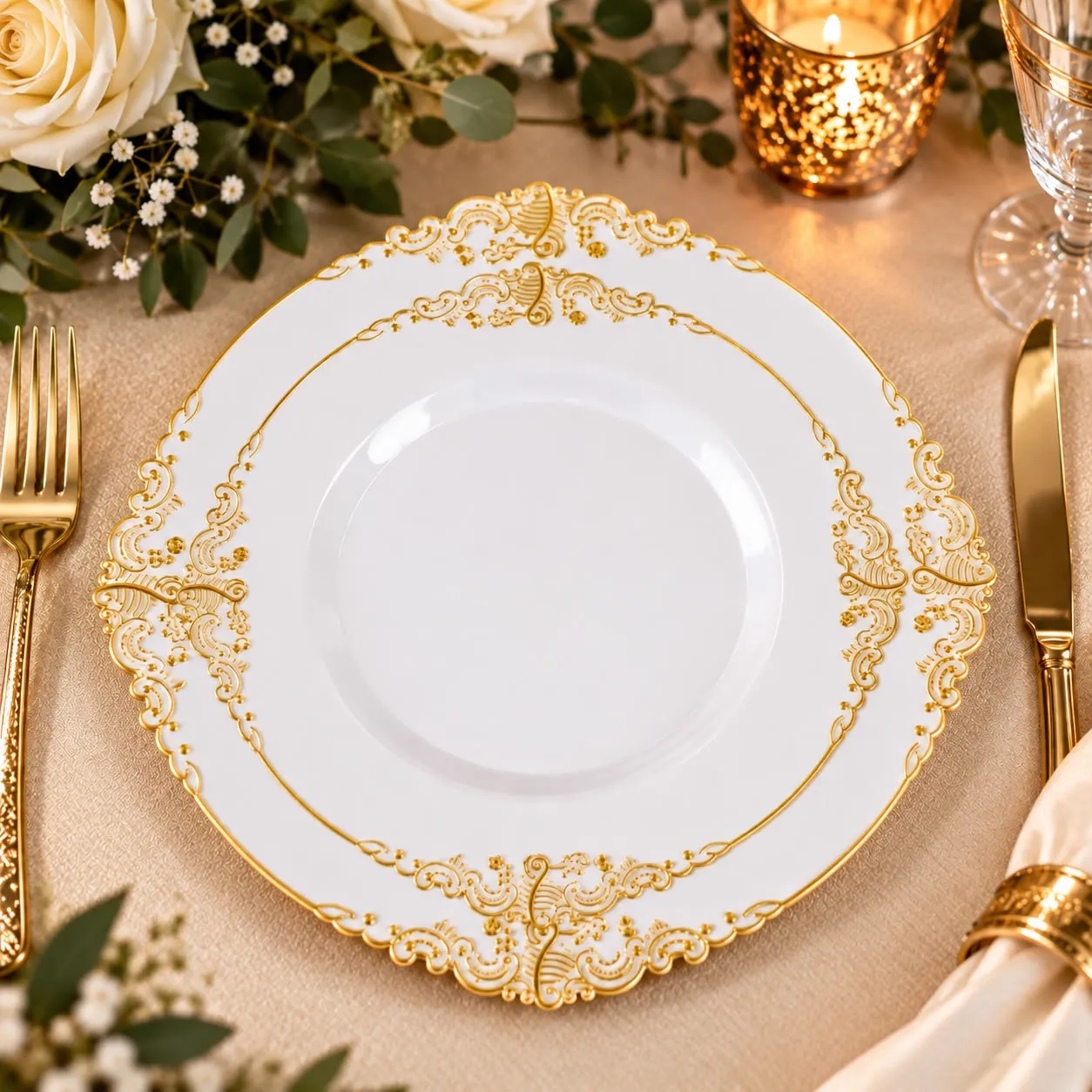 White dinner plate with ornate gold trim beside gold flatware